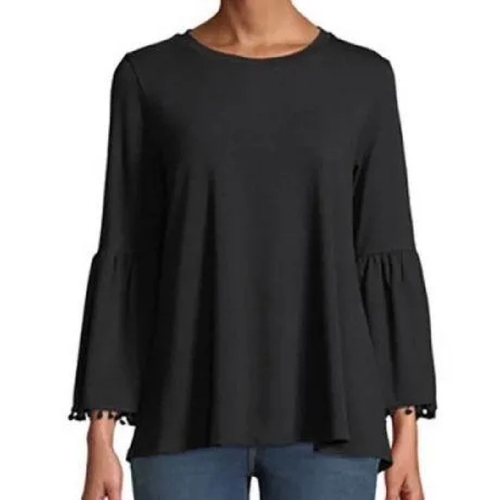Johnny Was Calme Top Black Flared Sleeves PomPom Trim Western Vibe Small Neutral